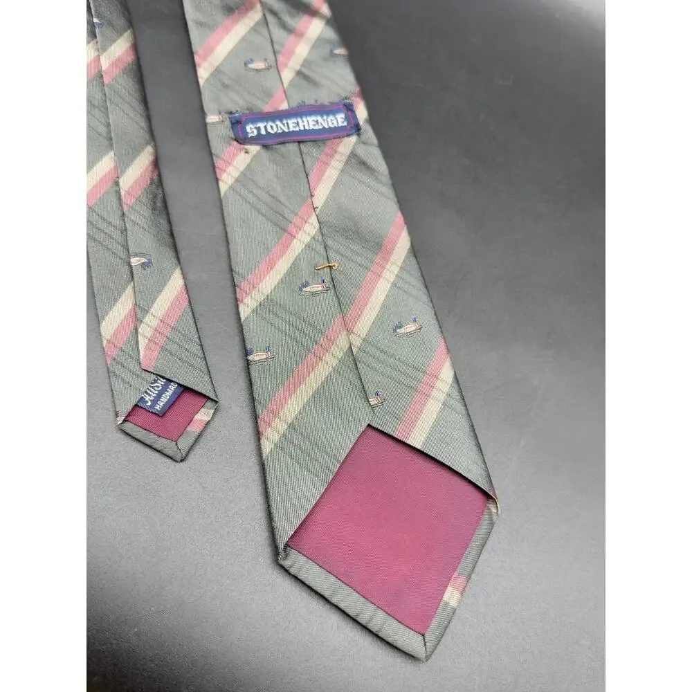 Vintage Stonehenge Silk Tie Mallard Duck Stripe Gray Pink 56” Novelty Necktie